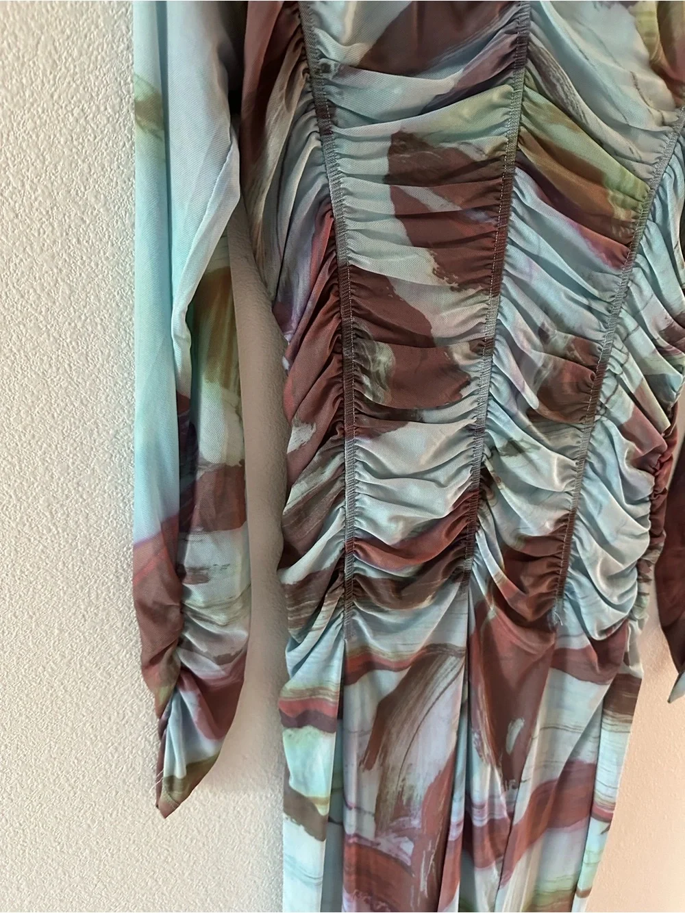 Abstract Anthro Rusched midi long sleeve mock neck dress